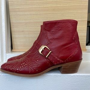 Red faux leather Zara boots with gold studs W9, 40